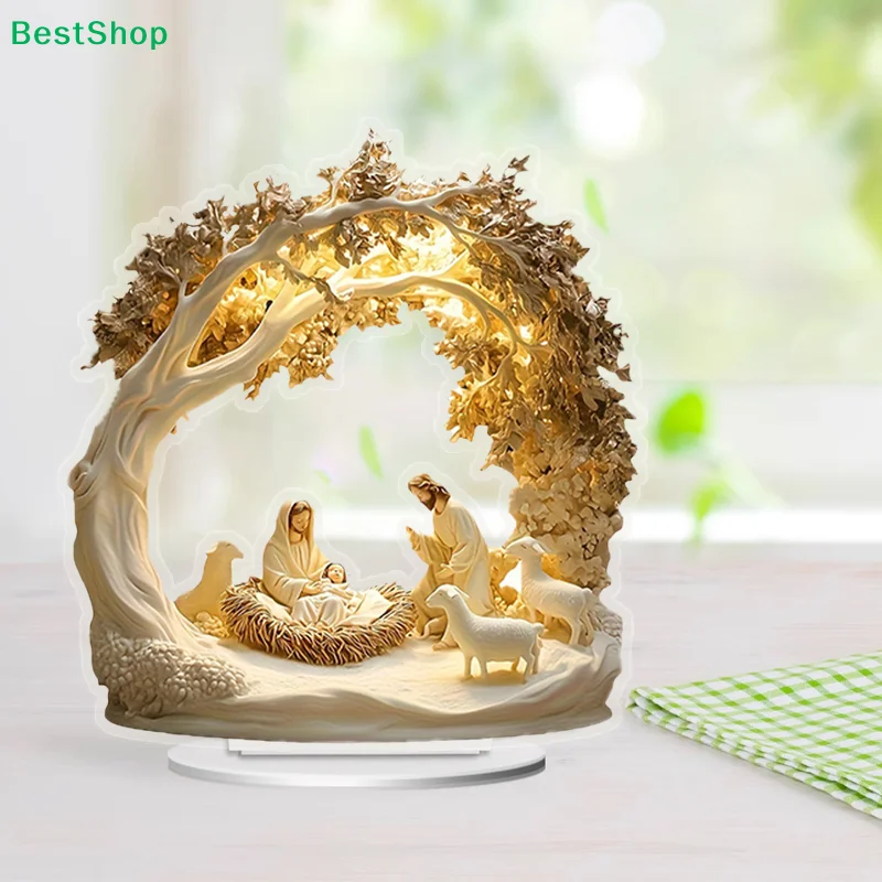 ♥ ديكور طاولة مشهد المهد-تمثال ولادة يسوع للعائلة المقدسة مع قوس شجرة وأغنام، هدية ديكور عيد الميلاد المسيحي #1