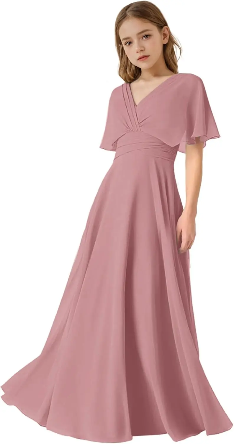 A Line Junior Dresses for Teen Girls Formal Dress Empire Batwing Sleeve Boho Chiffon Flower Girl Dress  Flower Girl Dress