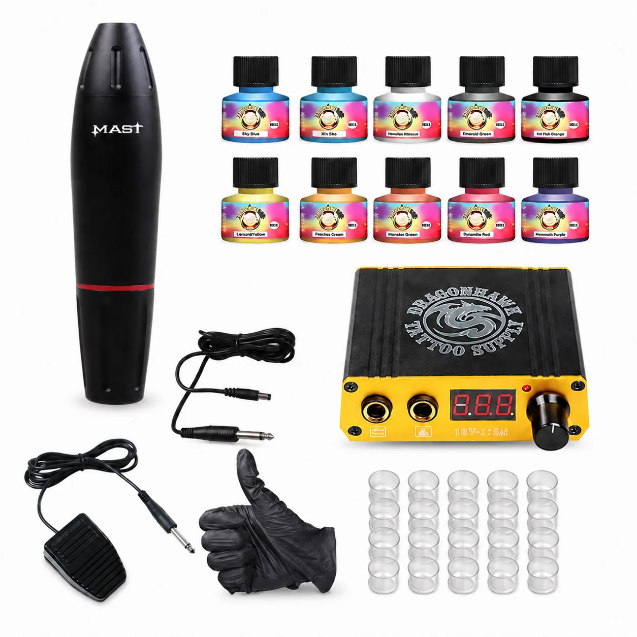 Kit de tatouage complet MAST avec stylo rotatif 10000 tr/min, alimentation numérique, 10 encres de couleurs, pédale et godets à encre pour débutants