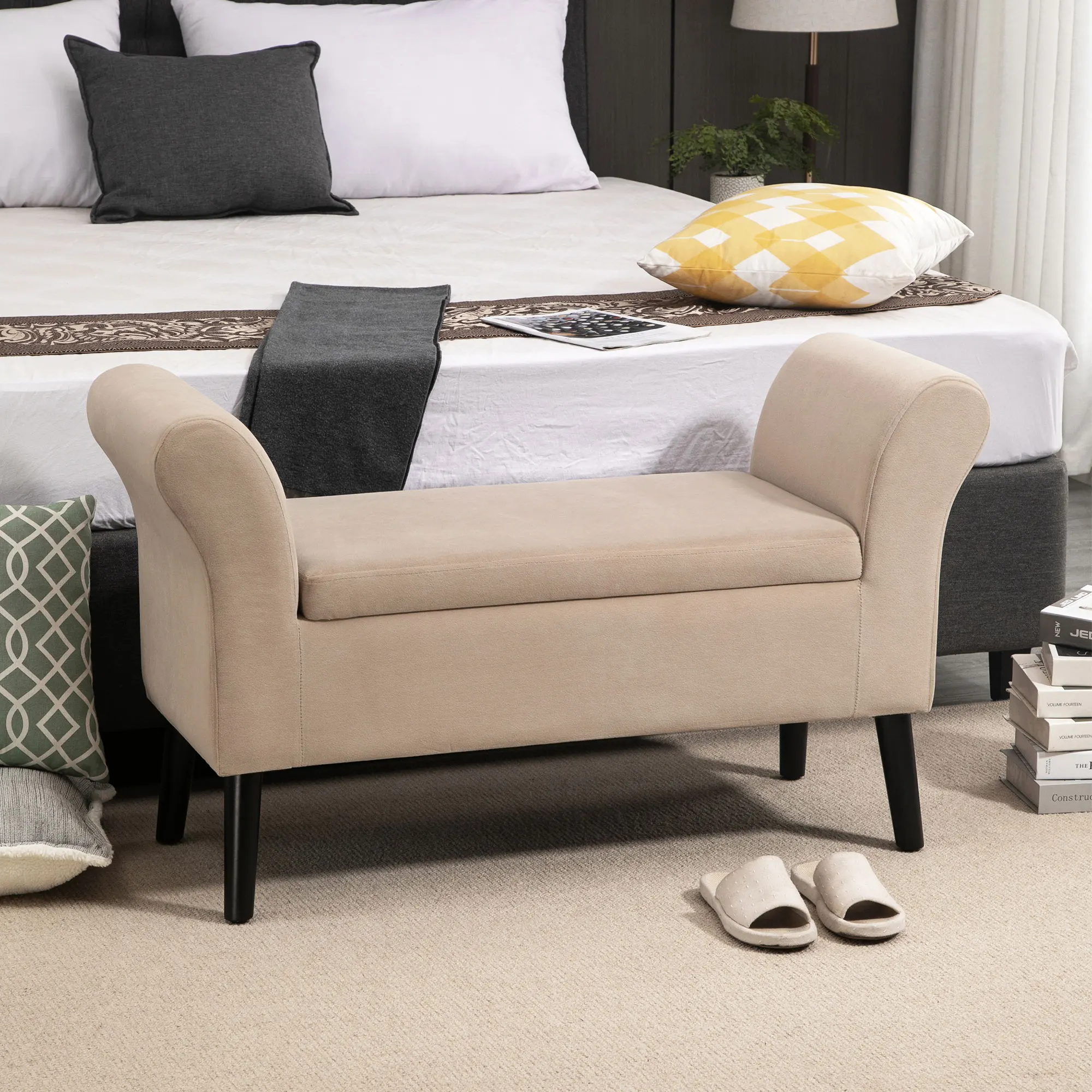 HOMCOM Sitzbank mit Stauraum Polsterbank mit Samtoptik, Bettbank mit Holzbeine, Bank für Wohnzimmer Schlafzimmer Flur 111,5 x 41 x 65 cm Beige