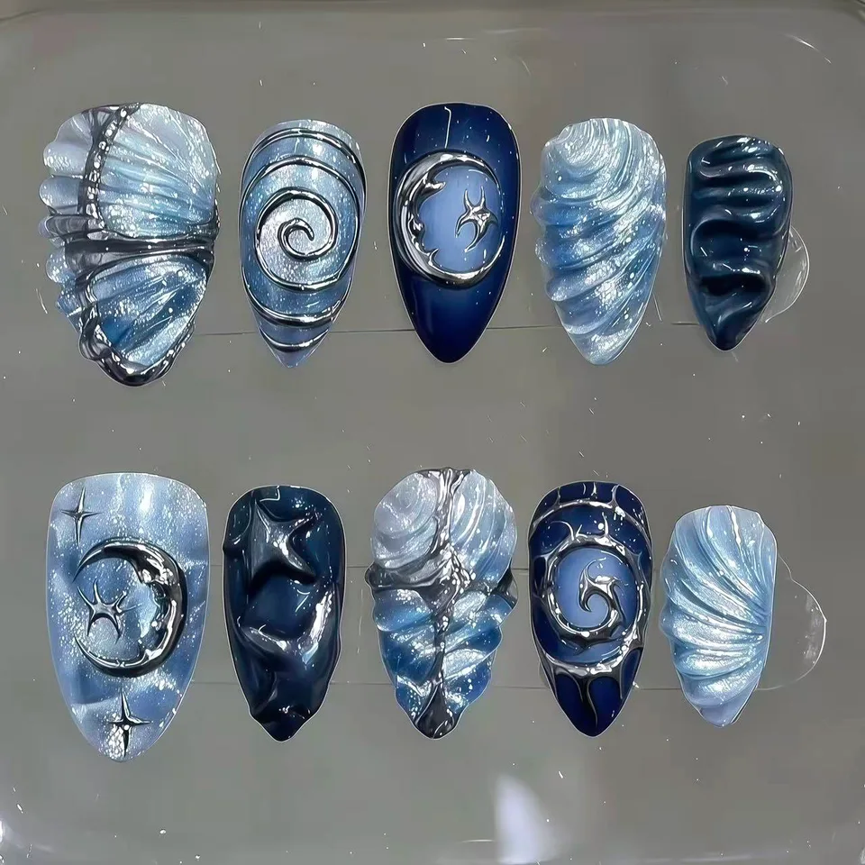 24 piezas de uñas postizas de cobertura completa con flores, degradado azul, almendra larga, diseño de perlas y estrella de mar, uñas francesas de presión 6