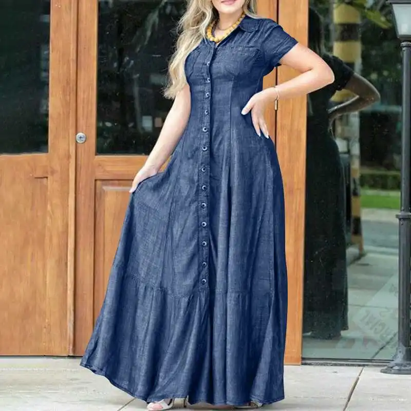 Elegant Women's Spring And Summer Short Sleeved Single Breasted Shirt Dress Fashionable Lapel Pocket  Casual Denim Maxi Dresses