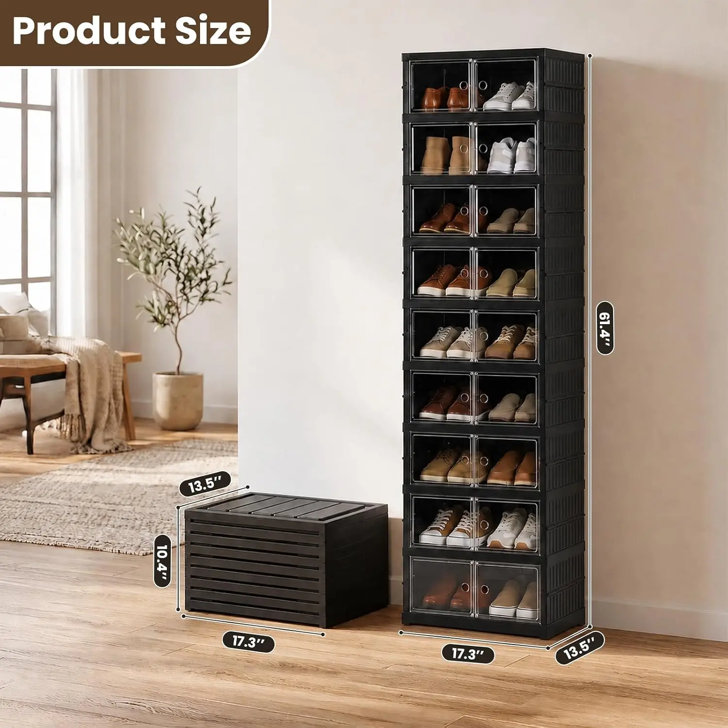 9 Tier Foldable Shoe Rack Plastic Storage Cabinet with Clear Doors, Customized