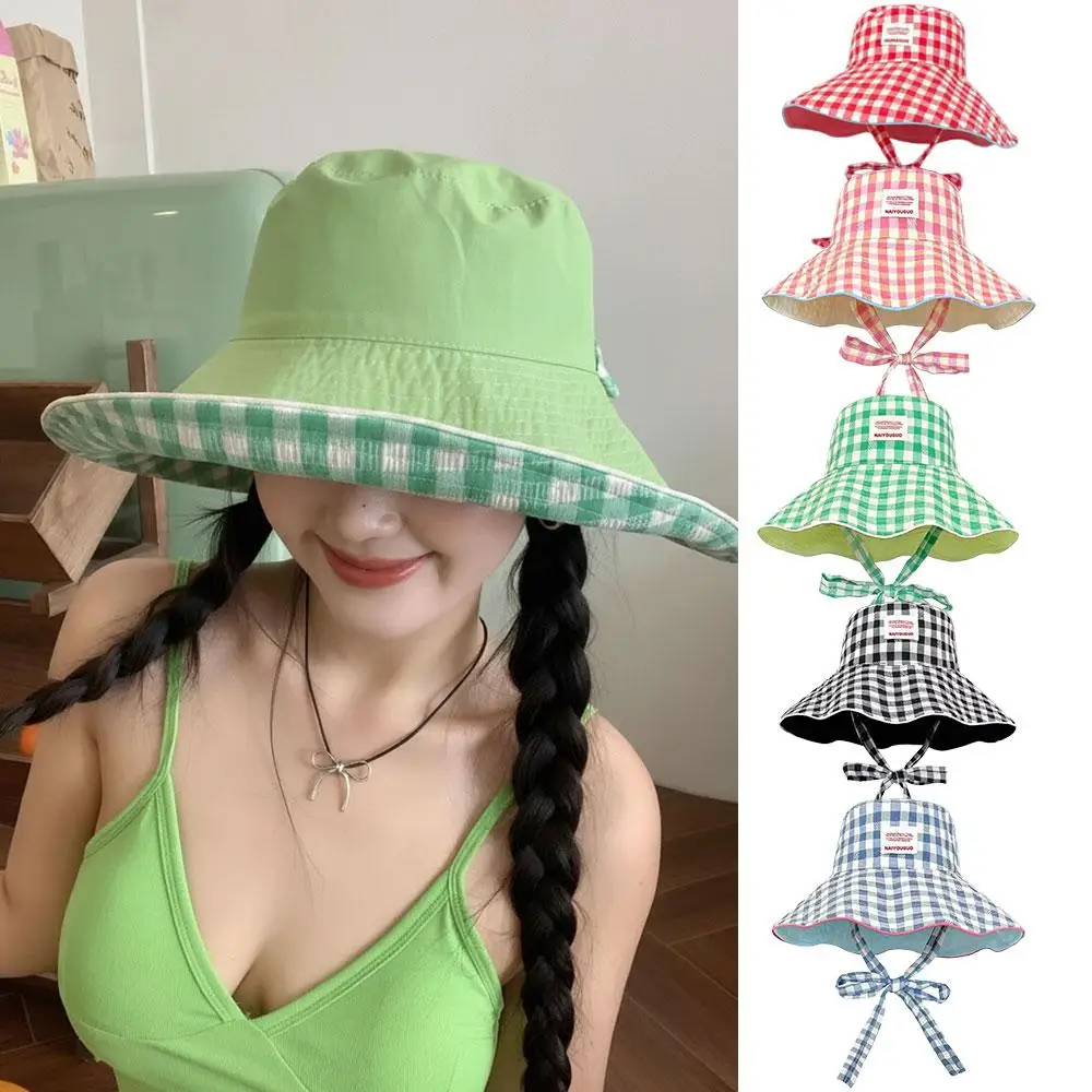 Plaid Bucket Hat, Wide Brim UV Sun Protection Hat with Chin Tie, Lightweight Packable Summer Beach Hat for Women
