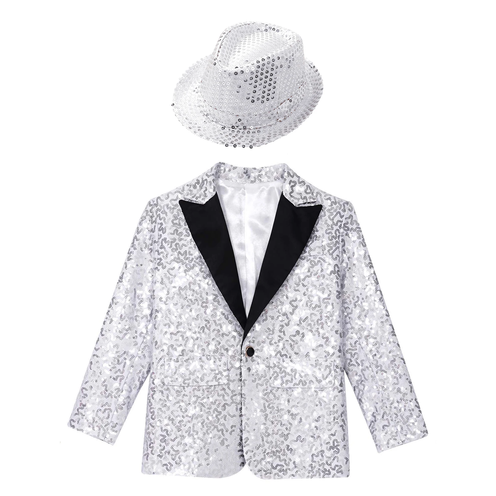 Kids Boys Shiny Sequins Dance Coat Lapel Single-breasted Tuxedo Suit Jacket with Fedora Hat for Performance Banquet Party