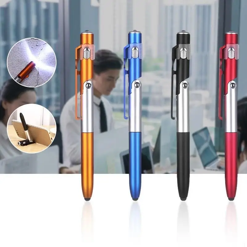 4 In 1 Multifunction Ballpoint Pen with LED Light Fold Phone Holder Night Read Writing Pencil Office School Student Stationery