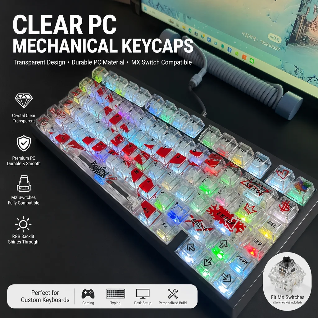 New Transparent Keycap,130+ Keys Cherry Profile PC Dye Sublimation Custom Shine Through Key Caps Set For MX Mechanical Keyboard
