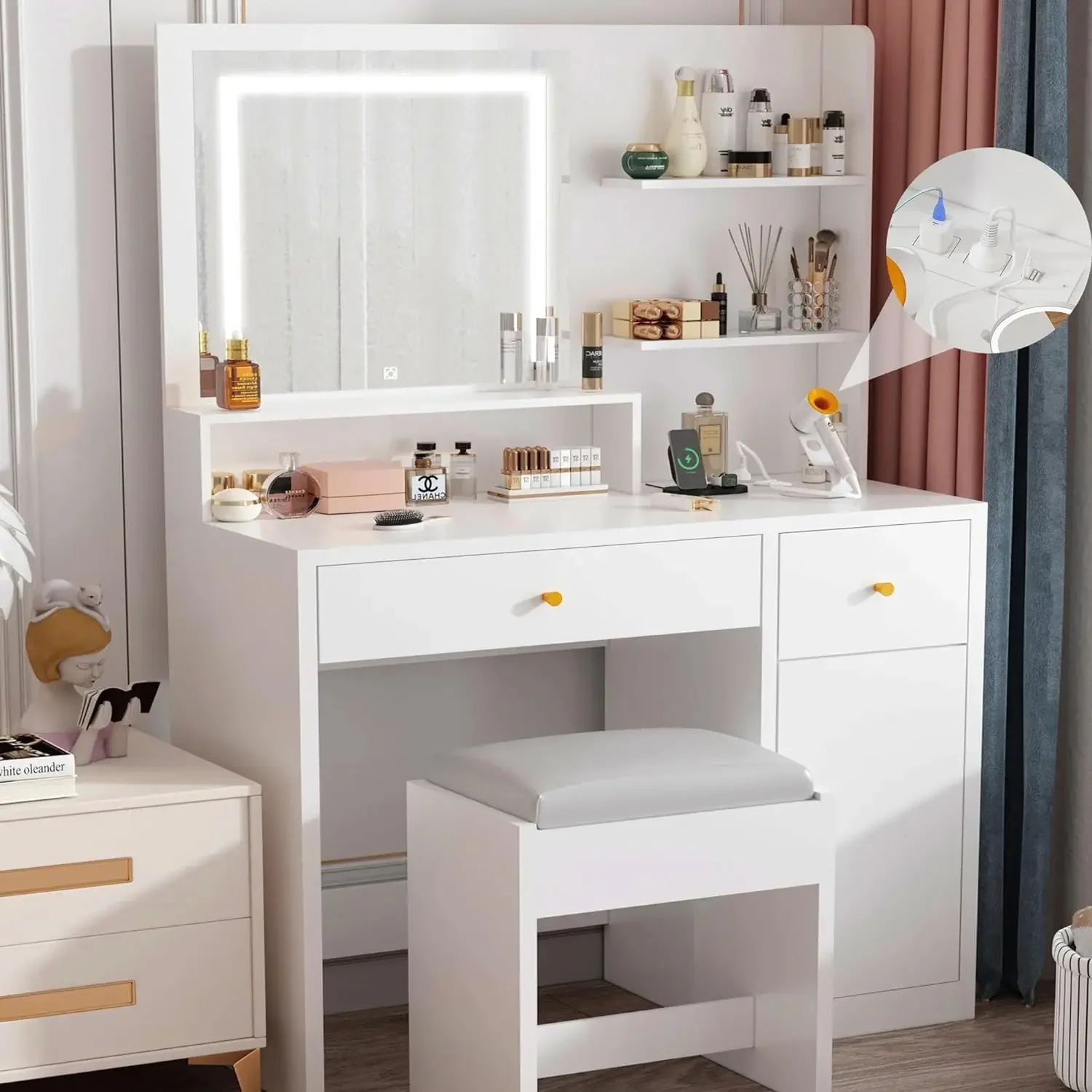 

37" Vanity Desk with Mirror and Lights LED White Vanity Set with Stool and Power Outlet Lighted Make up Vanity Desk with Drawers