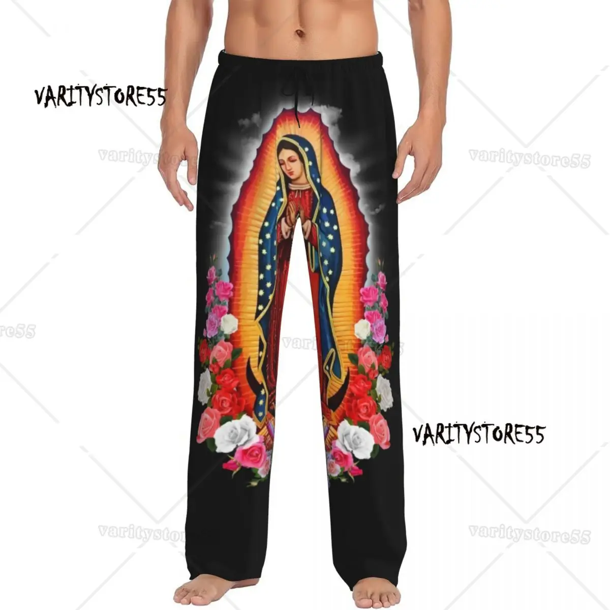 

Custom Printed Virgin Mary Of Guadalupe Pajama Pants for Men Mexico Catholic Saint Sleep Sleepwear Bottoms with Pockets