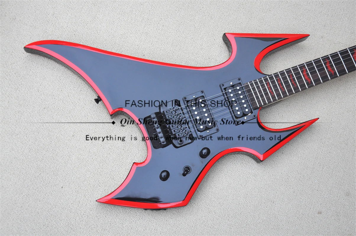 BC Electric Guitar, Black Guitar With Red Edges, Tremolo Bridge, Red Bat Inlay, Black Buttons, HH Pickups