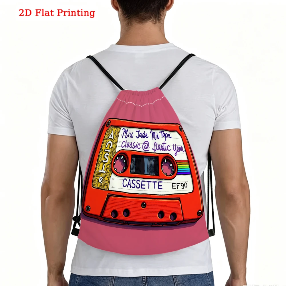 Retro Style, Drawstring Backpack, 2D Flat Printing Cassette Tape Design, Fitness Sports Backpack, Outdoor Travel Drawstring Bag