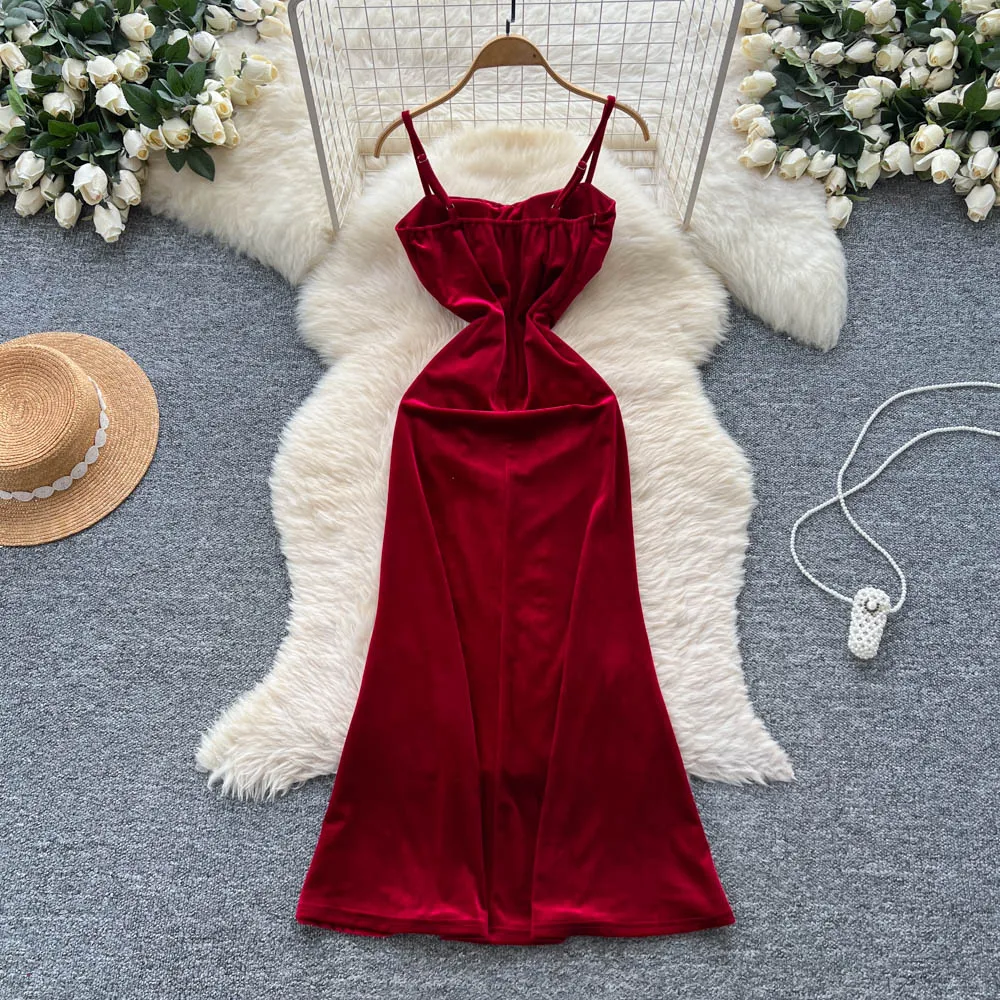 Vintage Elegant sleeveless velour rhinestone dress Ruched korean Fashion Vacation women clothing