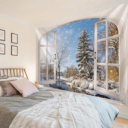 Winter Windows, Snow Scenery, Tapestry Wall Art, Large Tapestry Decoration, Photography Background, Bedroom, Living Room Decorat