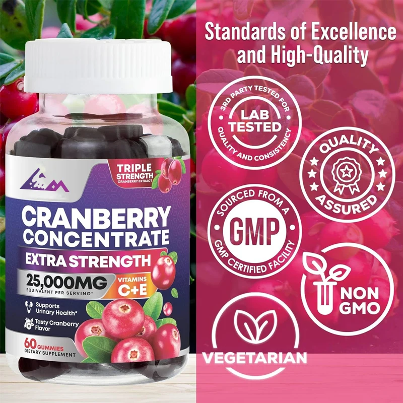 Cranberry gummies for urinary health+Vitamin C - Maximum efficacy 50:1 Cranberry extract - Non GMO, gluten free -60 gummies