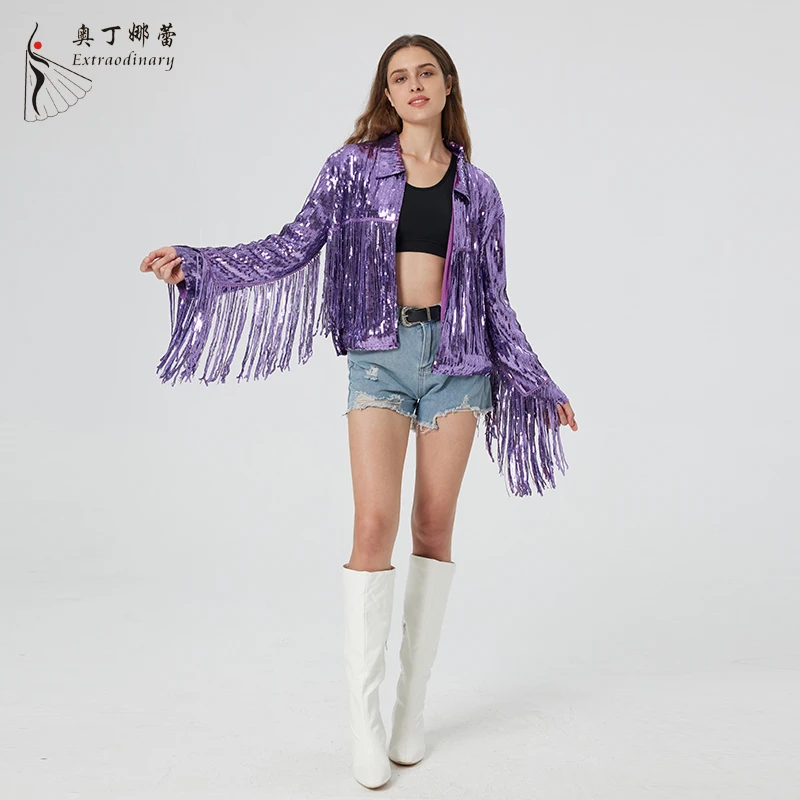 Distinctive Women's Sequin Suit Jacket Tassels Informal Occasion Purple Coat
