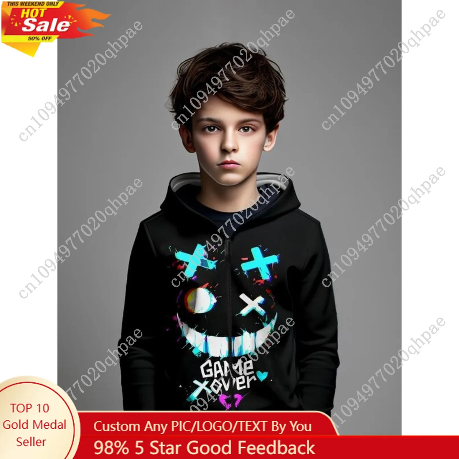 

Boys' Game-Themed Zip-Up Hoodie, Casual Fitted Design, Moderate Fabric, Perfect for Fall & Winter, Stylish Gaming Apparel