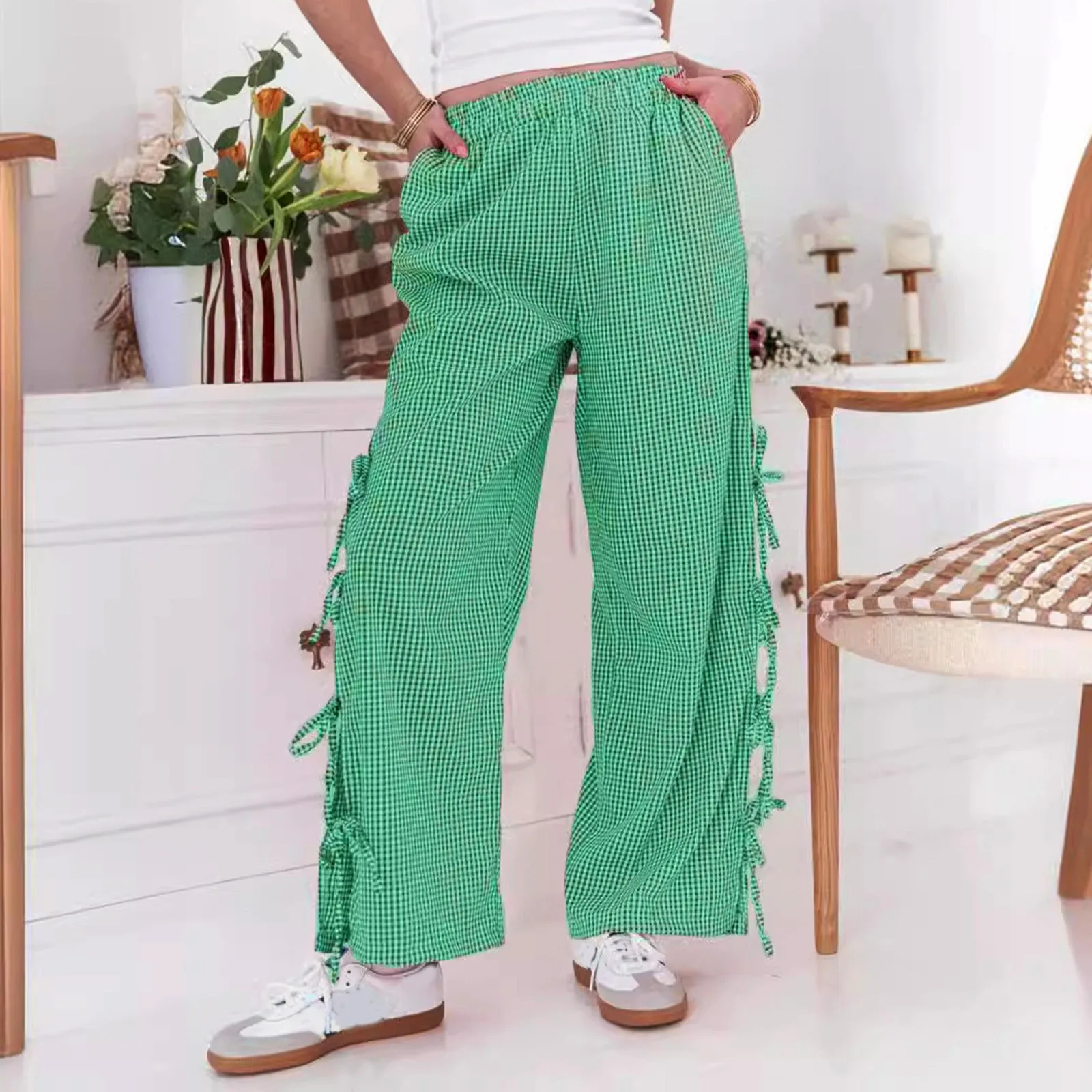 

2024 Women Wide-Leg Pants Y2K Plaid Stripe Print Side Tie-Up Loose Trousers Summer Autumn Casual Sweatpants Bottoms for Female