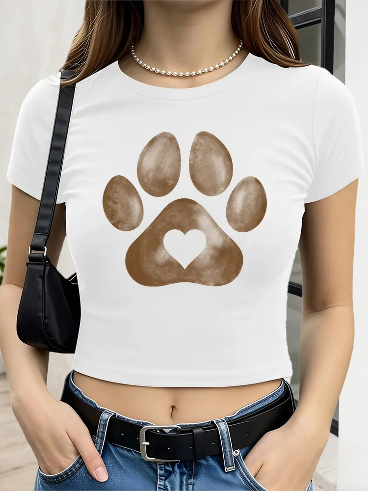 Brown Paw grafische crop top voor dames, slim fit T-shirt met korte mouwen, casual streetwear T-shirt voor lente zomer