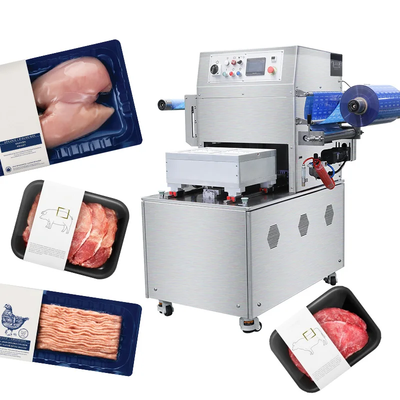 HVT-450M/2 Hualian Food Poultry Chicken Meal Modified Atmosphere Packaging Map and Vacuum Skin Tray Sealer Packaging Machine