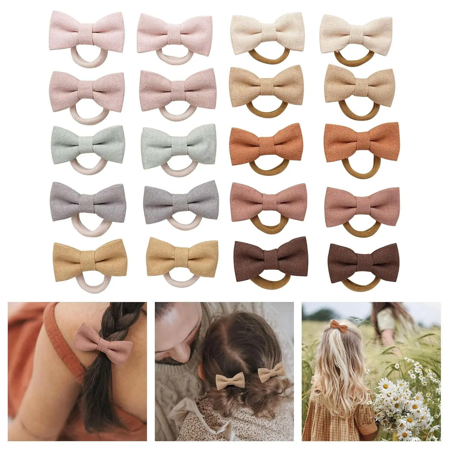 

20 Pcs Linen Bow Hair Ties for Girls, No Damage Nylon Ponytail Holders, Small Hair Accessories