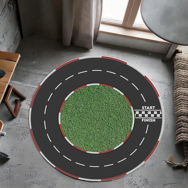 Kids Round Race Track Rug Start Finish Car Road Carpet Non-slip Racing Theme Floor Decor Speedway Mat for Children Playroom