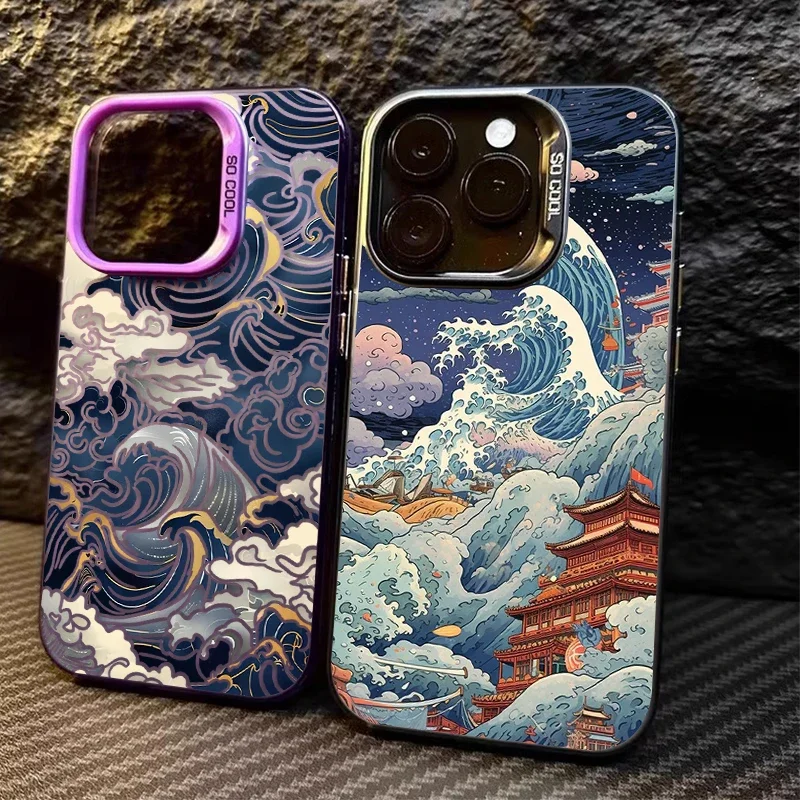 Ukiyo-e Creative Ocean Waves Plating Matte Case for iPhone 16 15 14 13 12 11 Pro Max XS X XR 8 7 Plus SE 2020 Shockproof Capa