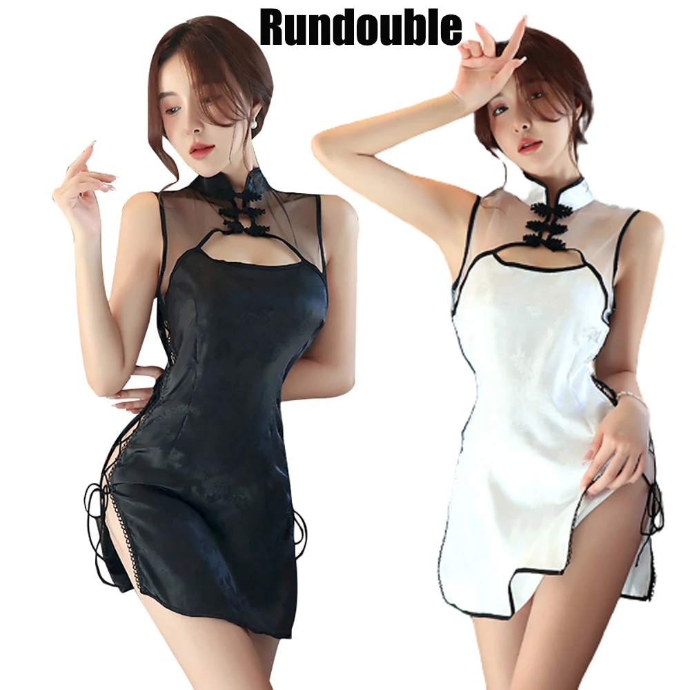

Sexy Backless Bandage Hollow Out Cheongsam Uniform Women Classical Qipao Side Split Erotic Lingerie Night Skirt Underwear Set