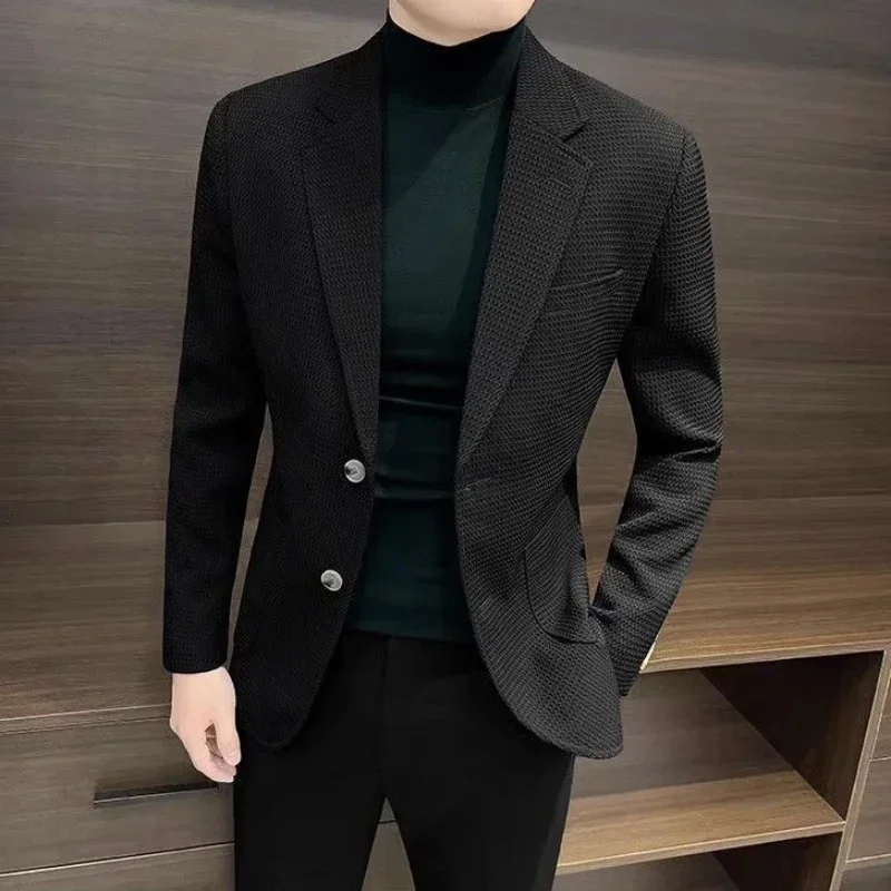 Black Men\'s Suit Jackets Thin Short Slim Fit Cropped Coat Male Blazer High Quality Spring Clothes Simple Breasted Vintage Casual