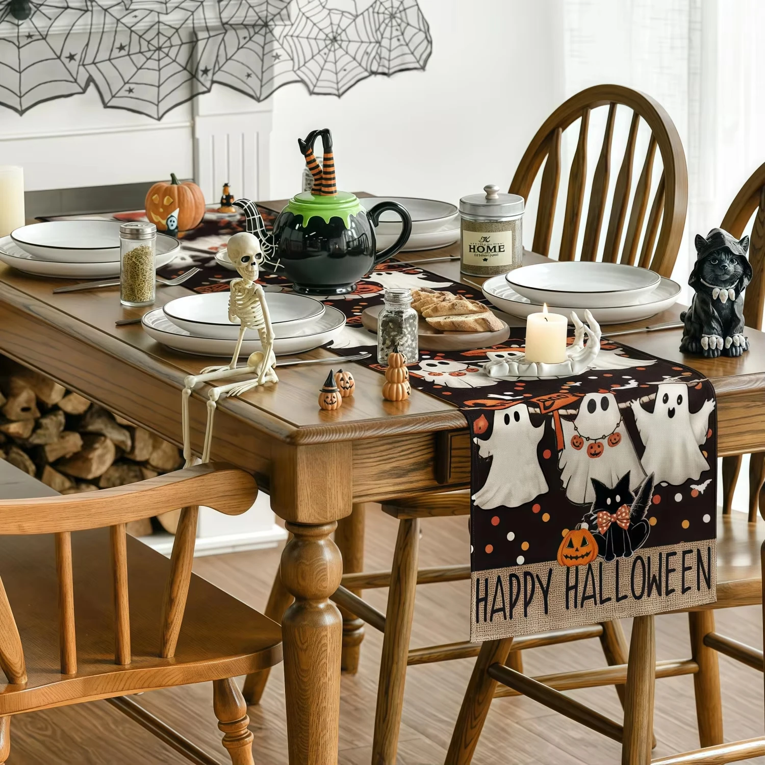 1pc Happy Halloween Ghost Black Cat Pumpkin Table Runner For Dining Sideboard Family Gathering Home Tabletop Decoration Supply