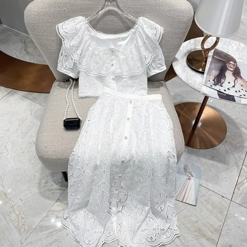 Lace Square Neck Ruffle Leaf Edge Two-piece Suit Skirt High Sense Light Mature Style Temperament White Top Half-length Skirt