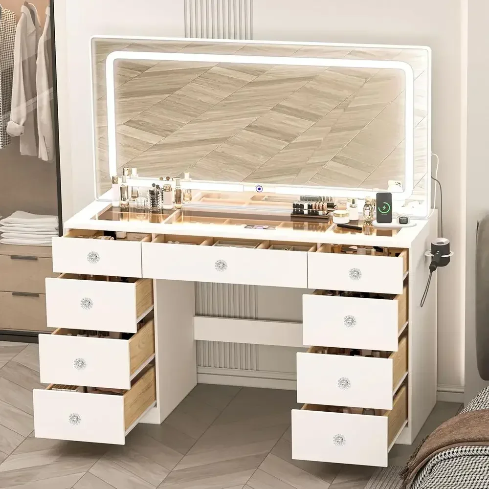 White Makeup Vanity Desk with Glass Top, Mirror, Lights, Drawers, Power Outlet, Large Storage for Bedroom