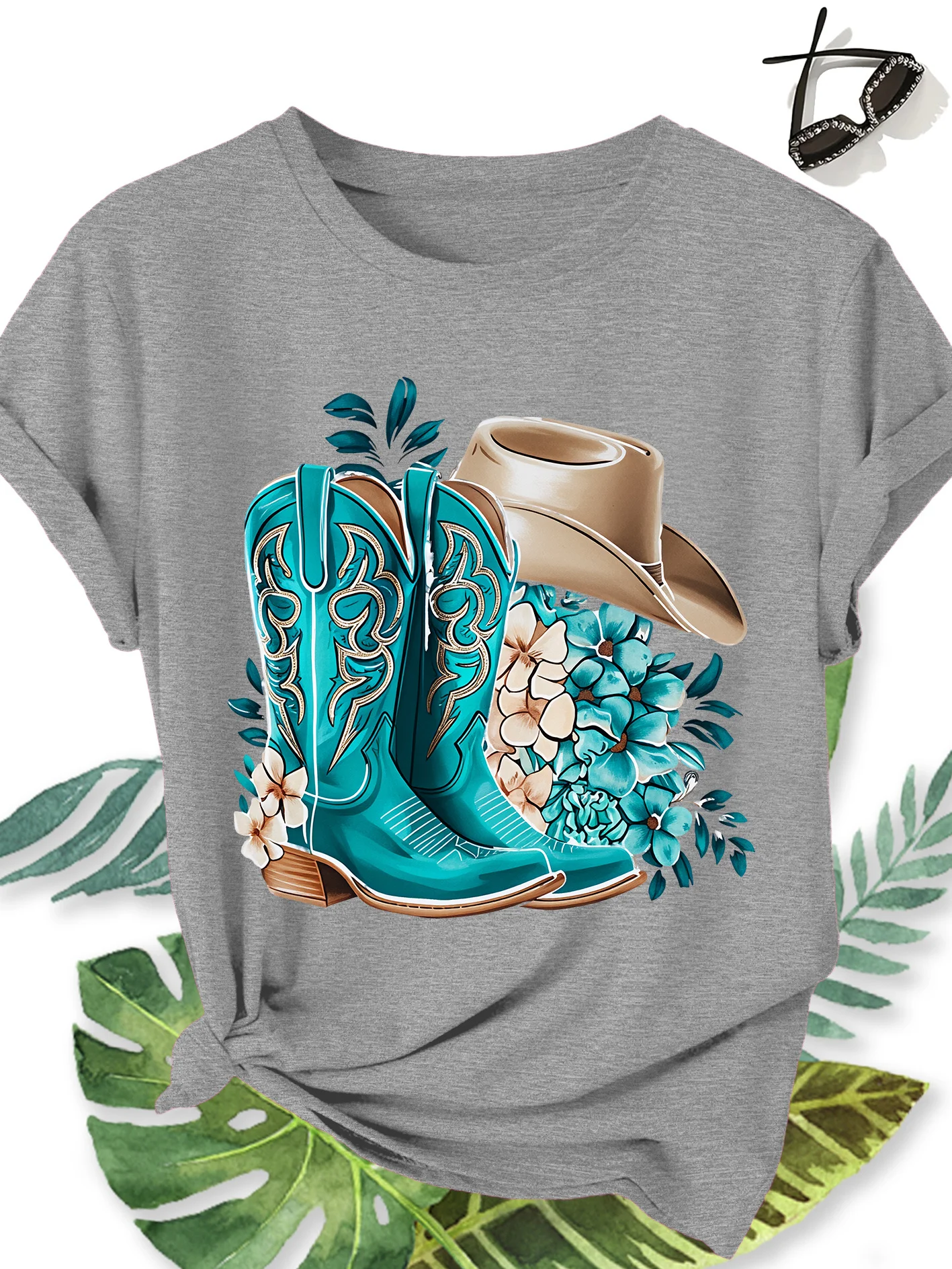 Turquoise Denim Boots Cowboy Hat Blues Floral Print Round Neck Women's Summer T-shirt Commuting Vacation Daily Casual Style Top