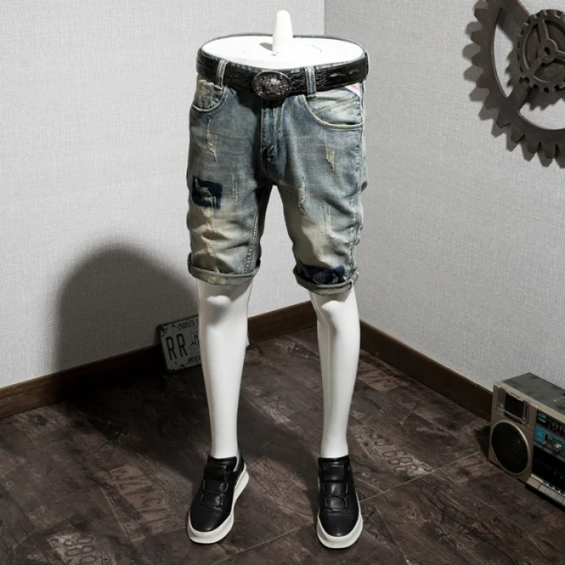 2024New Retro Biker's Denim Shorts Men's Nostalgic Hole & Patch Slim Fit Straight Trend Personality Summer Pirate Shorts