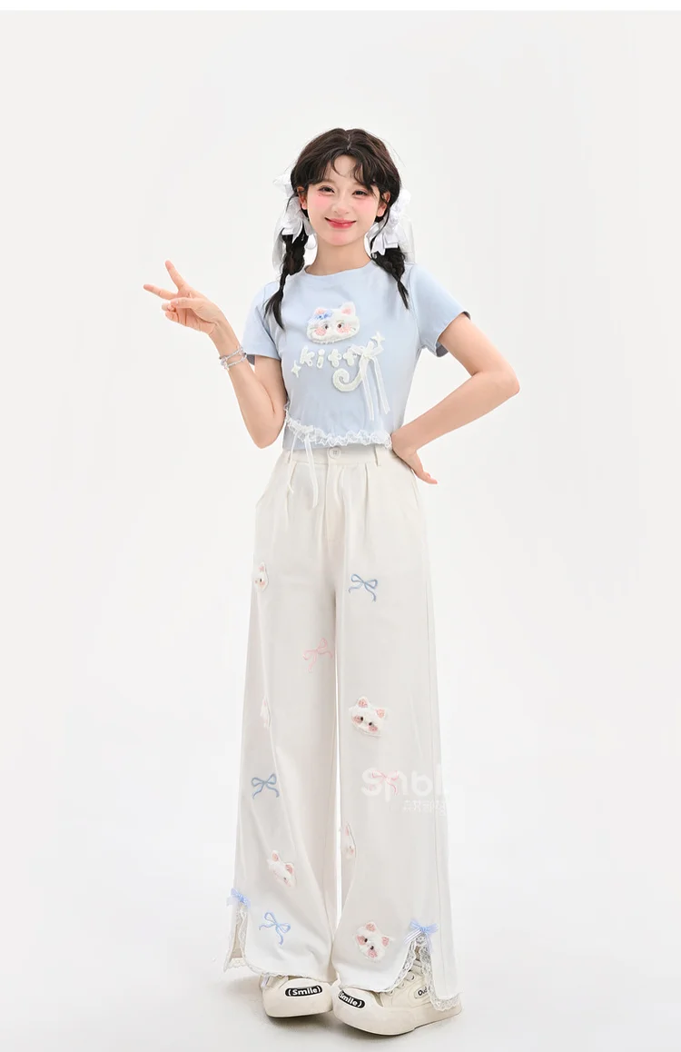 2025 Summer New White Cat Cartoon Printed High Waist Wide Leg Straight Casual Pants Petite Women Blue Lace T-Shirt