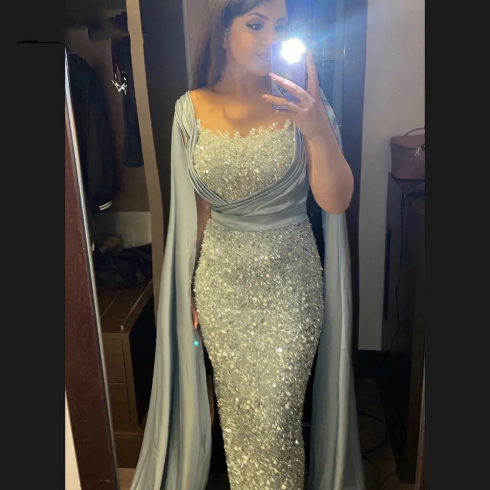 

Hot Sale Dubai Luxury Silver With Cape Evening Dresses 2025 For Women Mermaid Prom Party Gowns فساتين مناسبة رسمية Customized