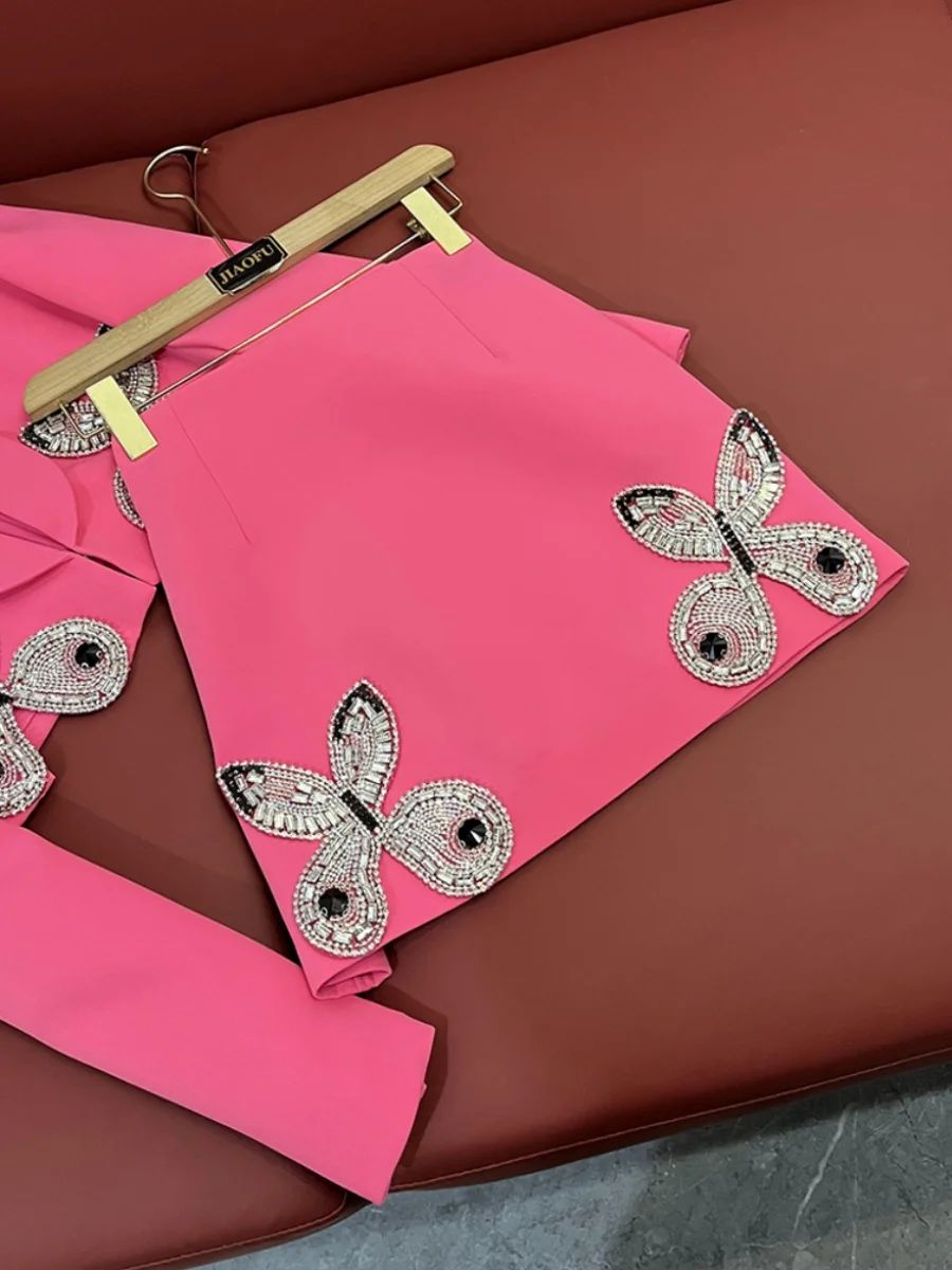 Fashion Long Sleeve Suit High-End 2024 Spring New Rhinestone Bow Suit Short Hip Skirt Solid Color Nice Women's Skirt Sets