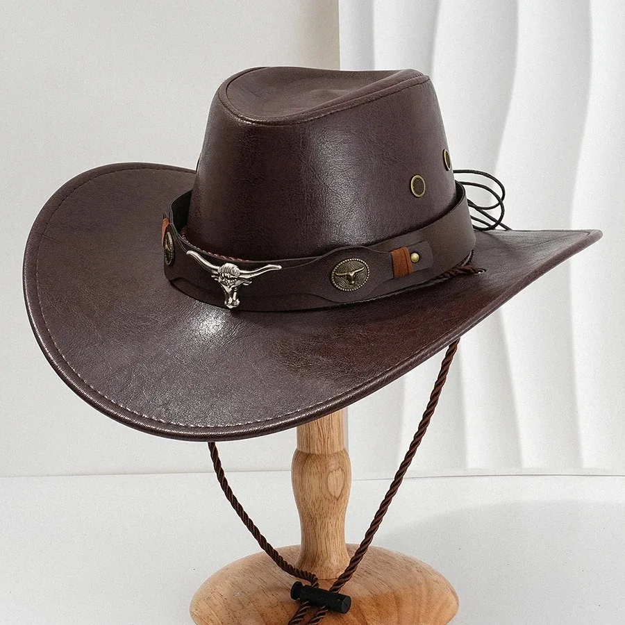 1 pc Unisex Vintage Faux Leather Western Cowboy Hat Outdoor Gentleman Cowgirl Jazz Cap Sombrero Hombre