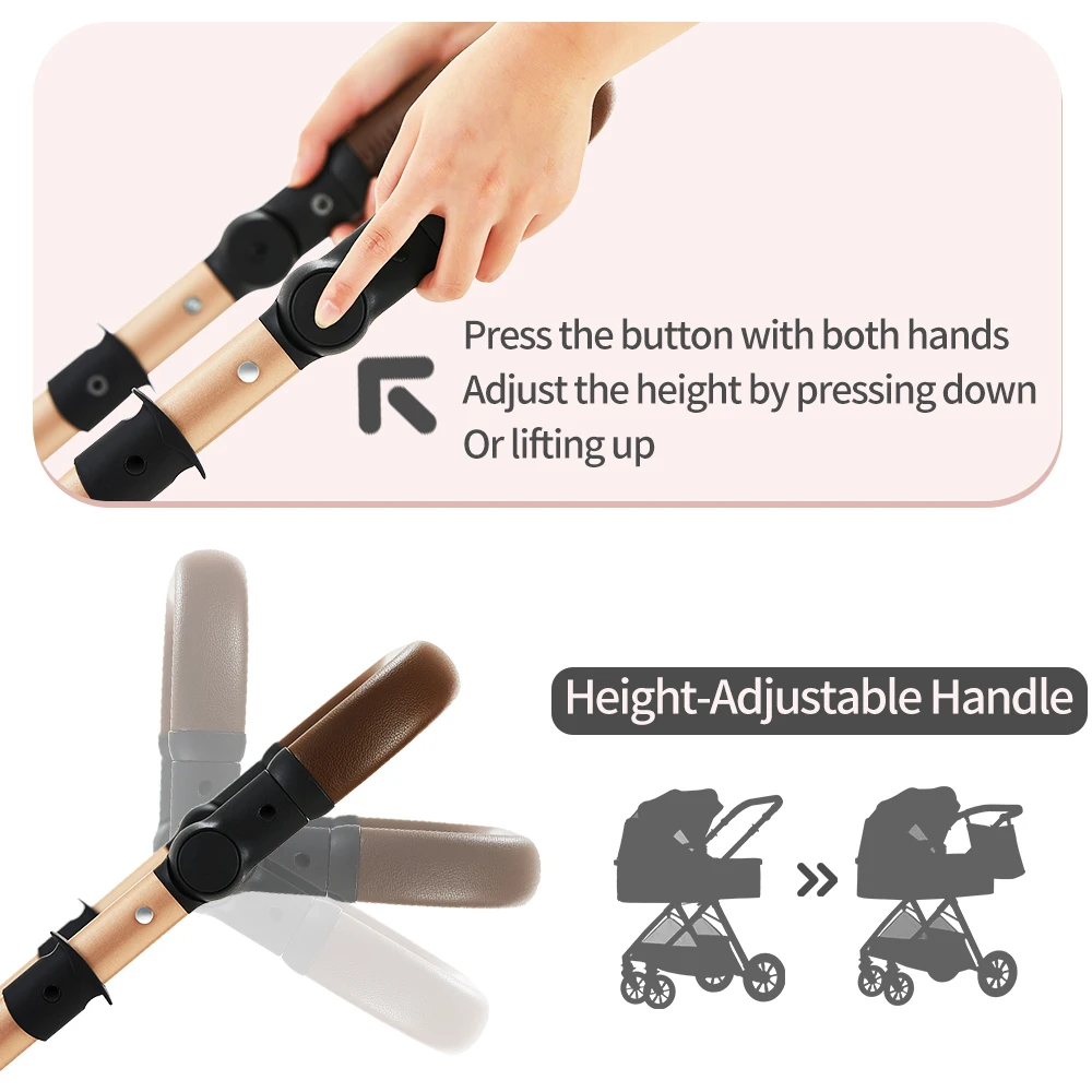 3-in-1 Baby-Kinderwagen mit Hochlandschaftsposition, verstellbarem Griff, Reisekinderwagen mit Wickeltaschen und Netz, Baby-Buggy – Detail 9