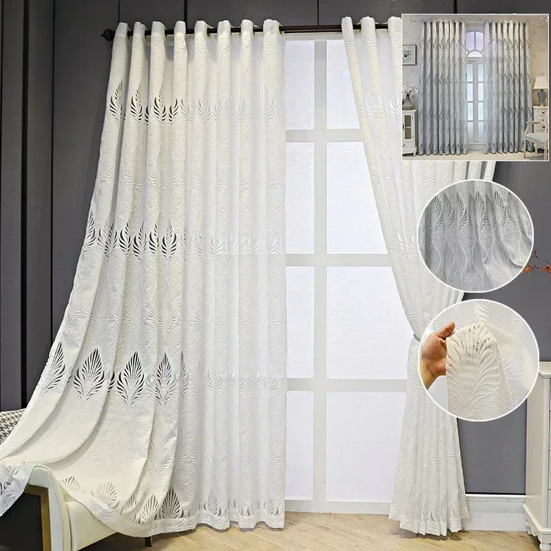 1PC White and GREY Jacquard European Style Thickened High-end Curtains for Bedroom Transparent Tulle for Living Room