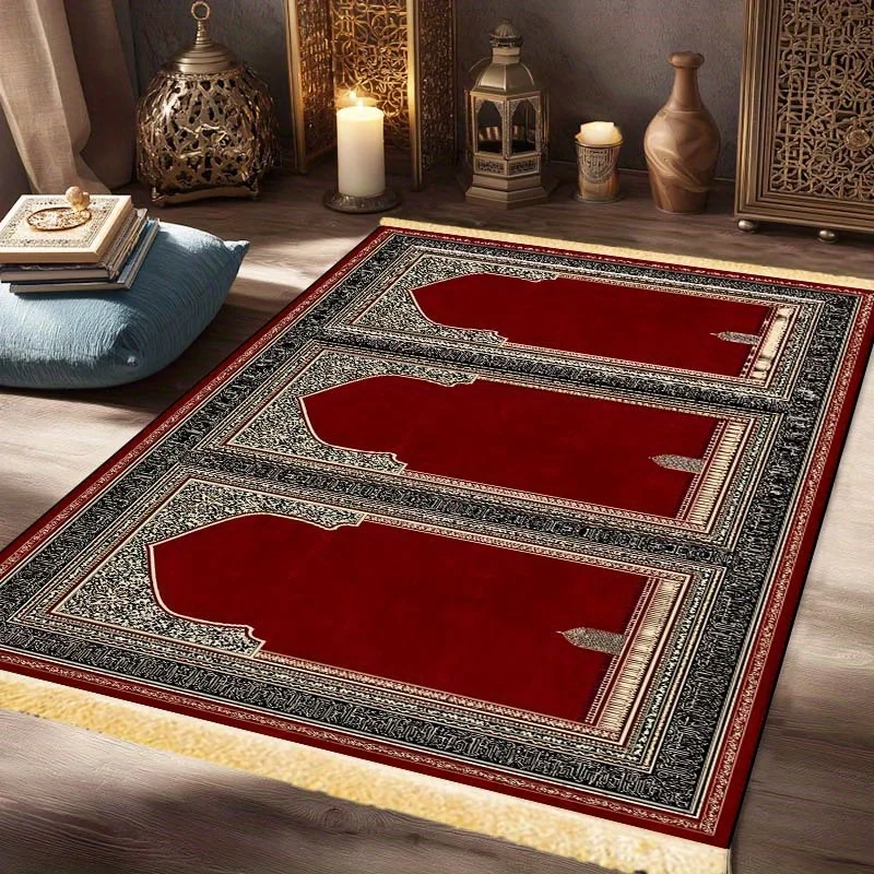 VIKAMA Islamic retro-style multi-person prayer rug Durable Muslim prayer mat for home use Ramadan decorative floor mat