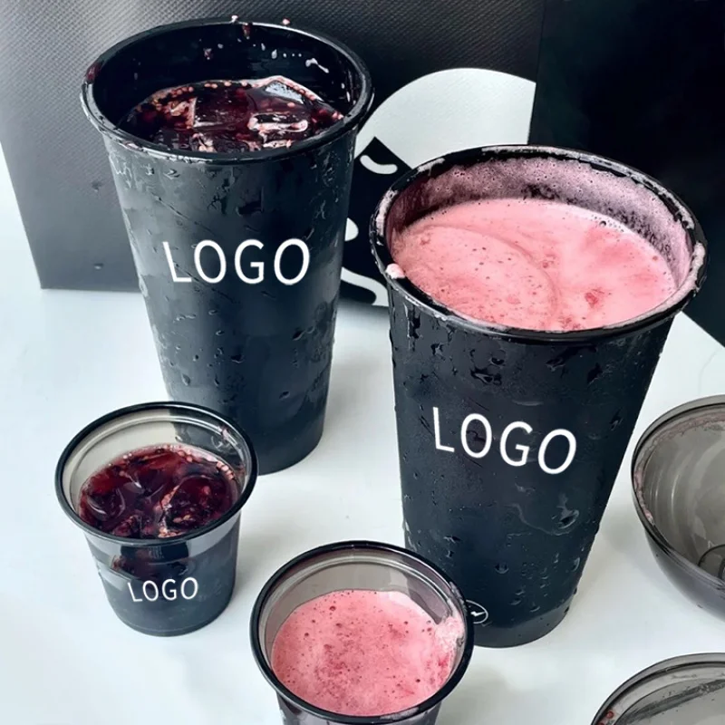 custom.LOKYO Food Grade 700ml PP Black Boba Tea Custom Plastic Disposable Cups with Lid