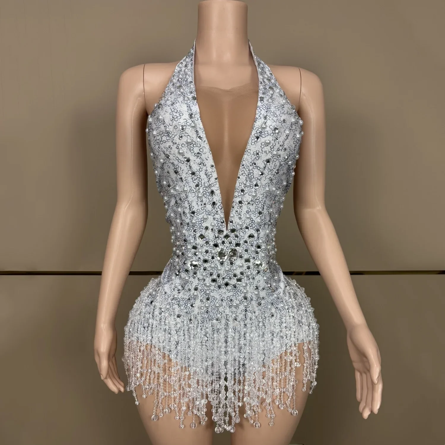 Pearls Rhinestones Crytrals Tassels Sexy Backless Sheath Bodysuit Evening Party Nightclub Dancer Perfprmance Costume Stage Wear