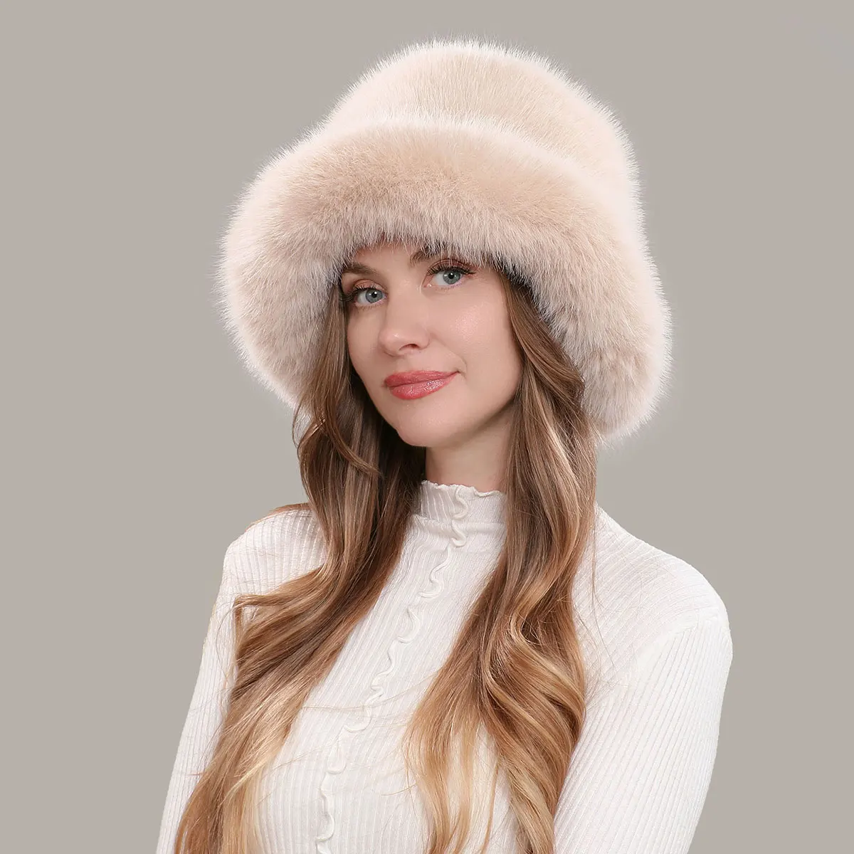 

New Women's Fluffy Faux Fur Bucket Hat Fox Furry Warm Women's Winter Hat Thickened Cold and Snow Panama Hat