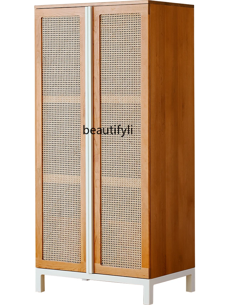 

| Solid Wood Wardrobe Cherrywood Japanese Rattan Simple Wardrobe Bedroom Locker