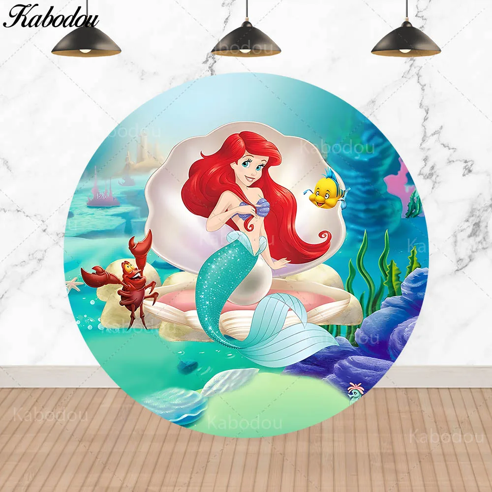 Little Mermaid Ariel Round Backdrop Cover For Kids Birthday Circle Photo Background Booth Cylinder Covers Vinyl Polyester