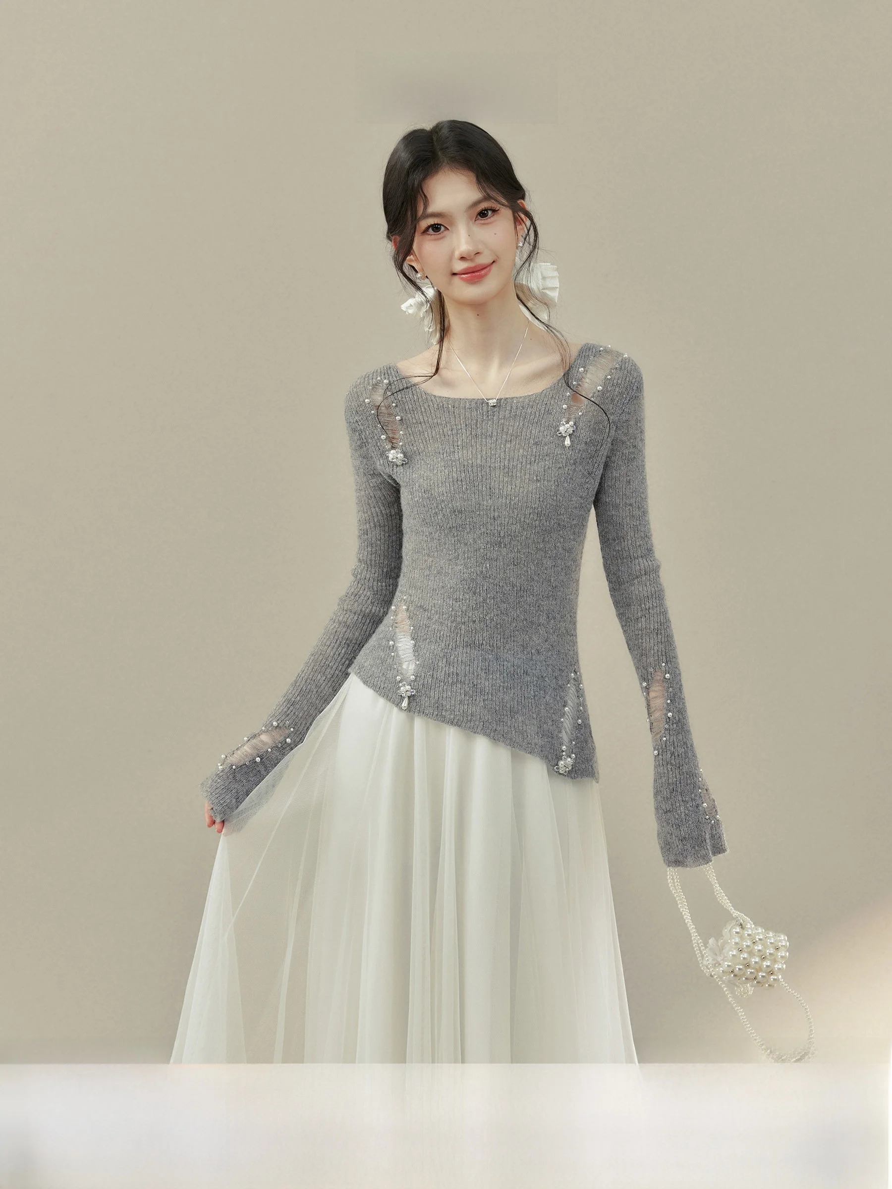 

Xiuwei Yang Hollow Knitted Sweater Grey Base Layer Shirt Women's Spring Autumn Inner Wear plus Size Hollow Knit Top