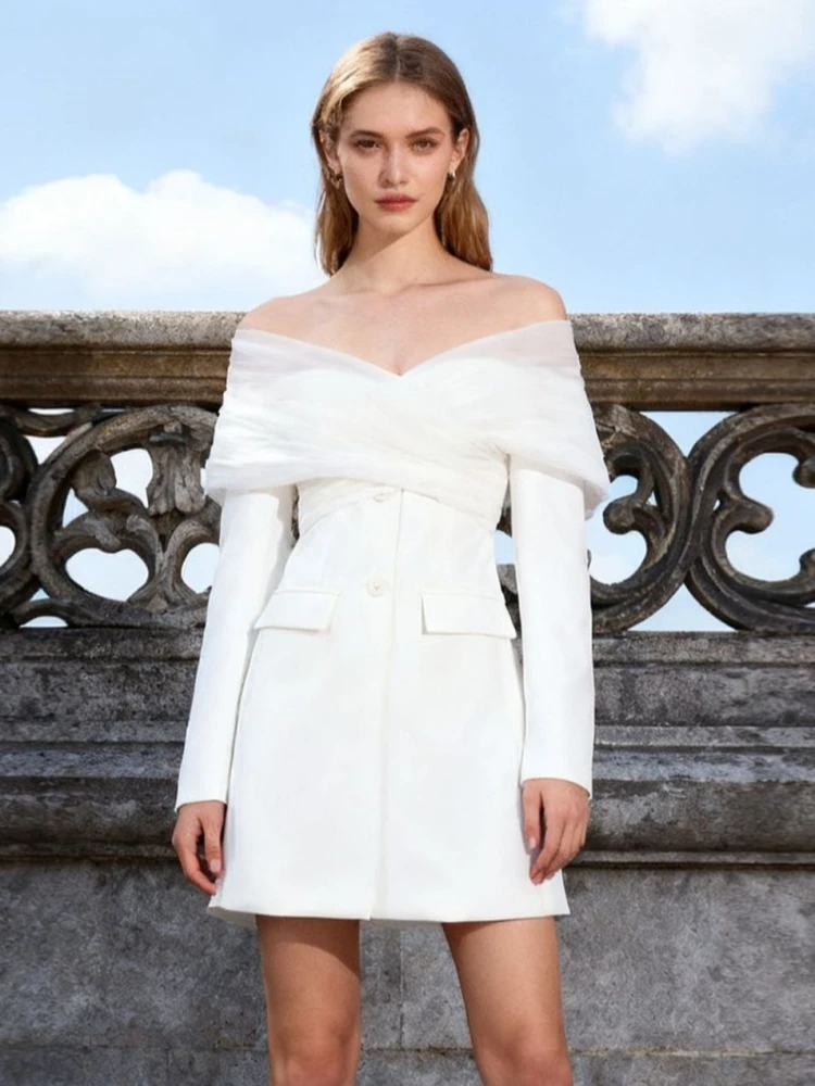

Sexy Off Shoulder Mesh Ruched Patchwork Blazer Women White Long Sleeves Single Breasted Slim Coat Evening Party Office