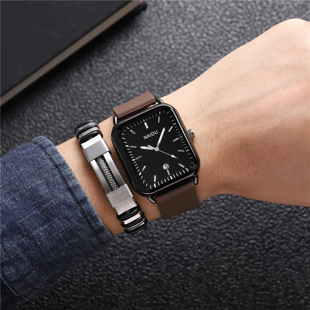 2pcs/set rectangle dial calendar quartz silicone band men watch