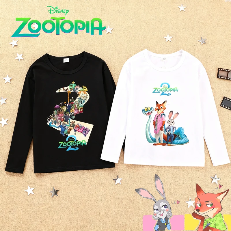 Zootopia 2, рубашка с длинными рукавами для мальчиков и девочек, базовая рубашка с мультяшным принтом, милые футболки, детские топы, весенне-осенняя одежда, рождественские подарки