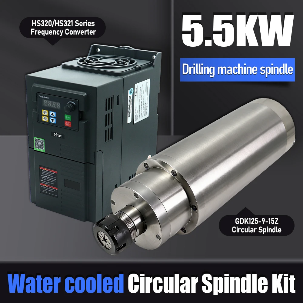 

5.5kw 125mm Round Spindle Motor For metal Processing ER32 9000-15000rpm +5500w VFD AC340-440V 3.5Nm Water Colling Spindle